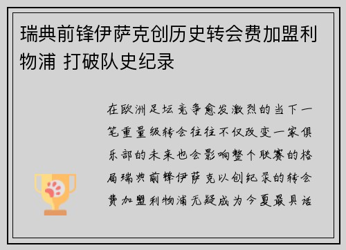 瑞典前锋伊萨克创历史转会费加盟利物浦 打破队史纪录 瑞典前锋伊萨克创历史转会费加盟利物浦 打破队史纪录