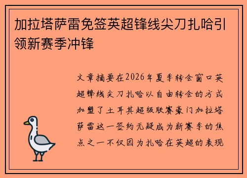 加拉塔萨雷免签英超锋线尖刀扎哈引领新赛季冲锋 加拉塔萨雷免签英超锋线尖刀扎哈引领新赛季冲锋
